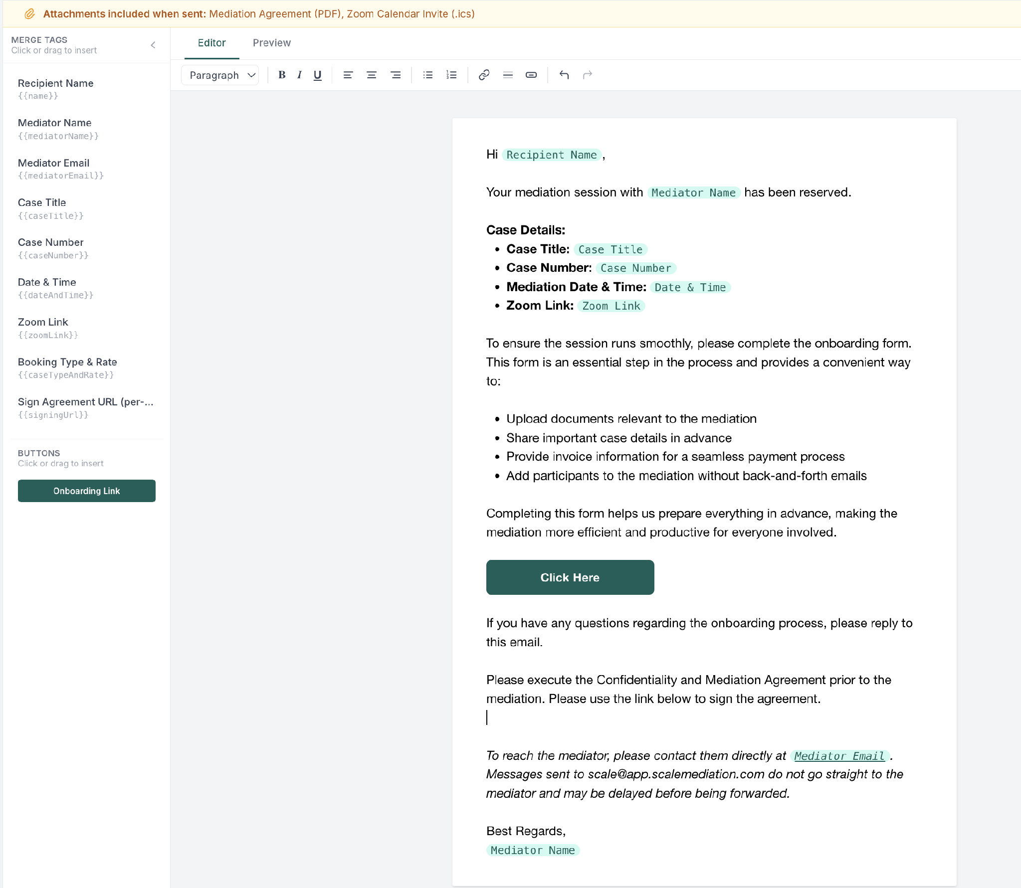 Template editor with merge tags