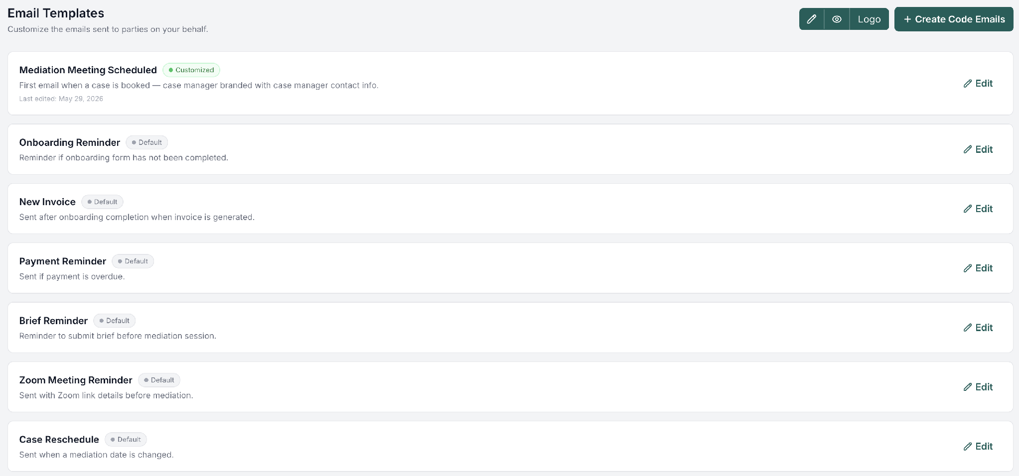 Email Templates list