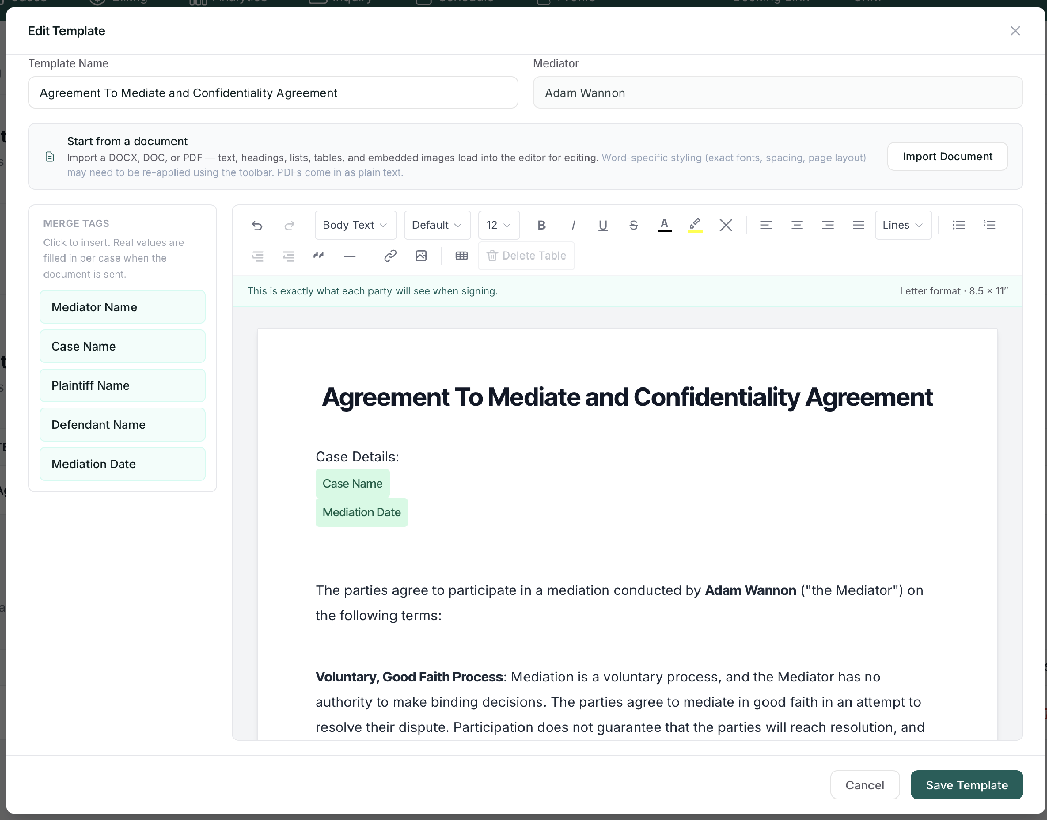 The signature-template editor with merge tags